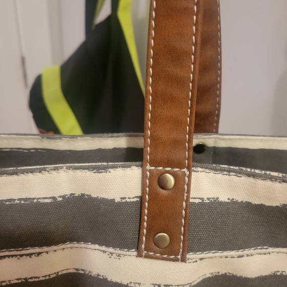 Maika Chic Striped Canvas Tote with Brown Leather Handles - Picture 6 of 13
